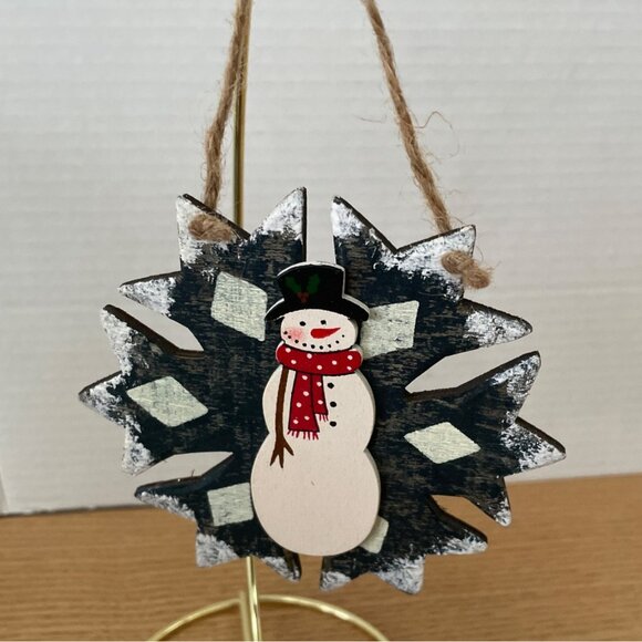 Vintage Snowman Wooden Hanging Ornament Set 2 Rustic Primitive Christmas Decor - Picture 3 of 5